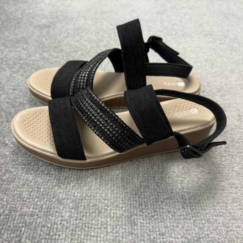 Bzees Sandals Womens Size 9W Black Strappy Wedge Platform Comfort Elastic Shoes